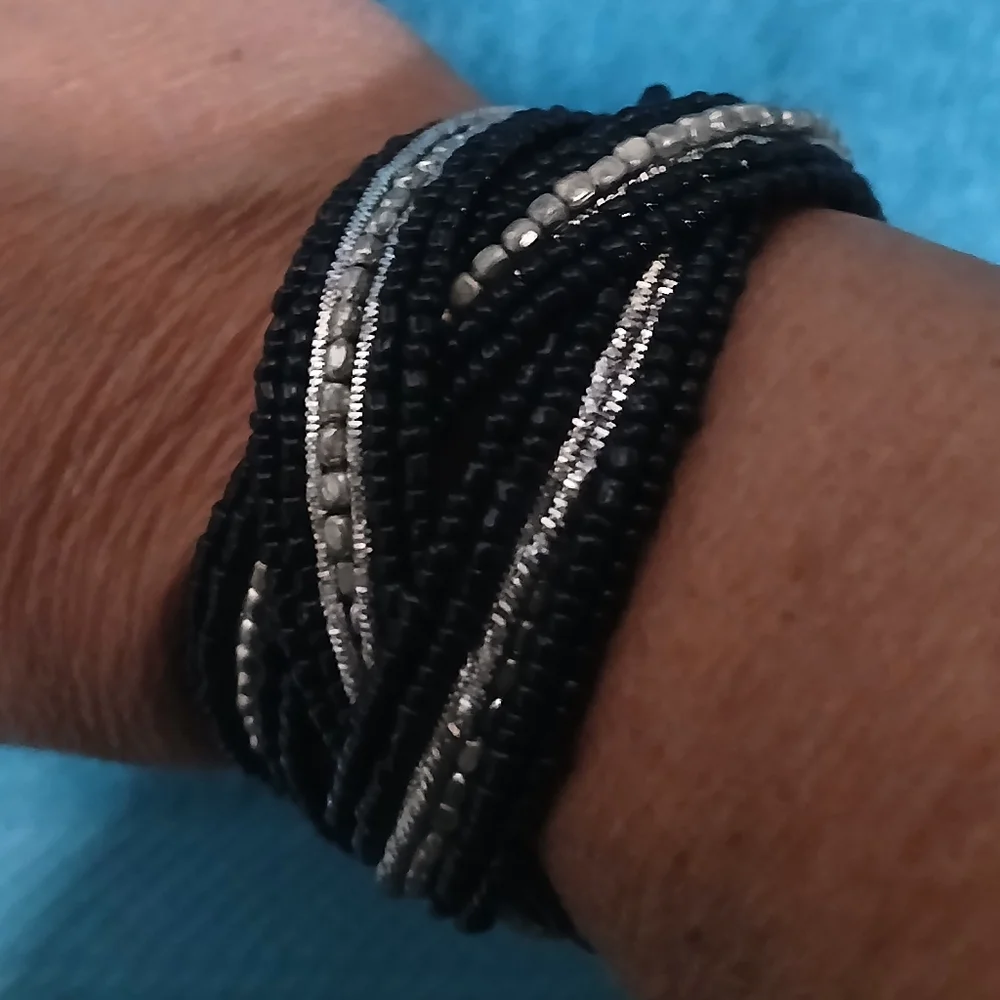 Black and Silver Beaded Bracelet Cuff